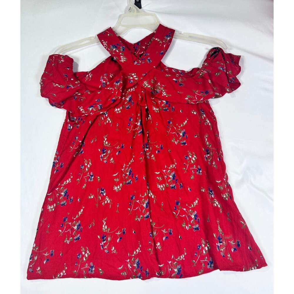Angie Womens Red Floral Cold Shoulder Tunic Top Size M Ruffle Boho NWT
